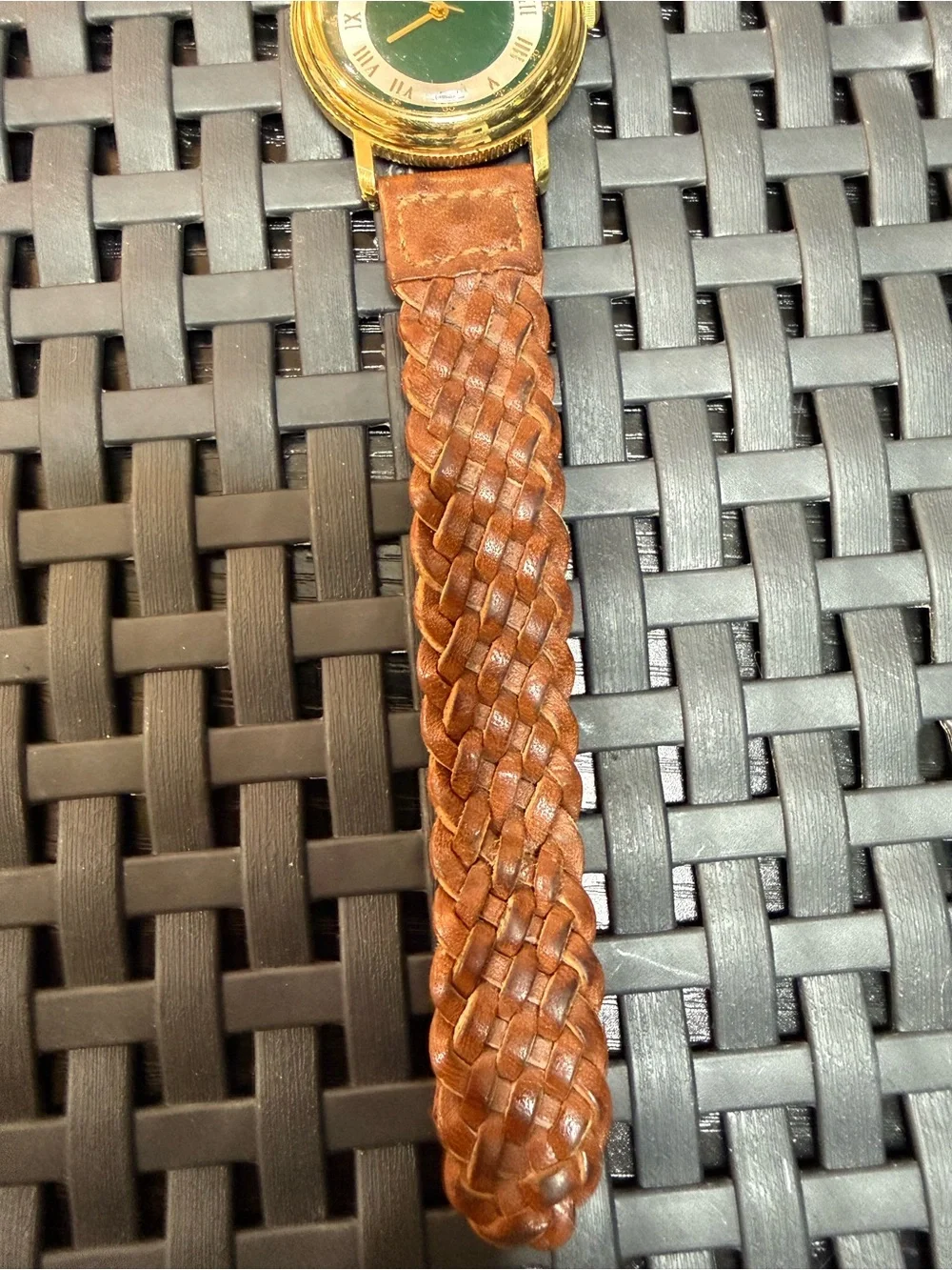 Vintage 1994 Guess Gold Tone Green Dial Braided Leather Watch Untested
